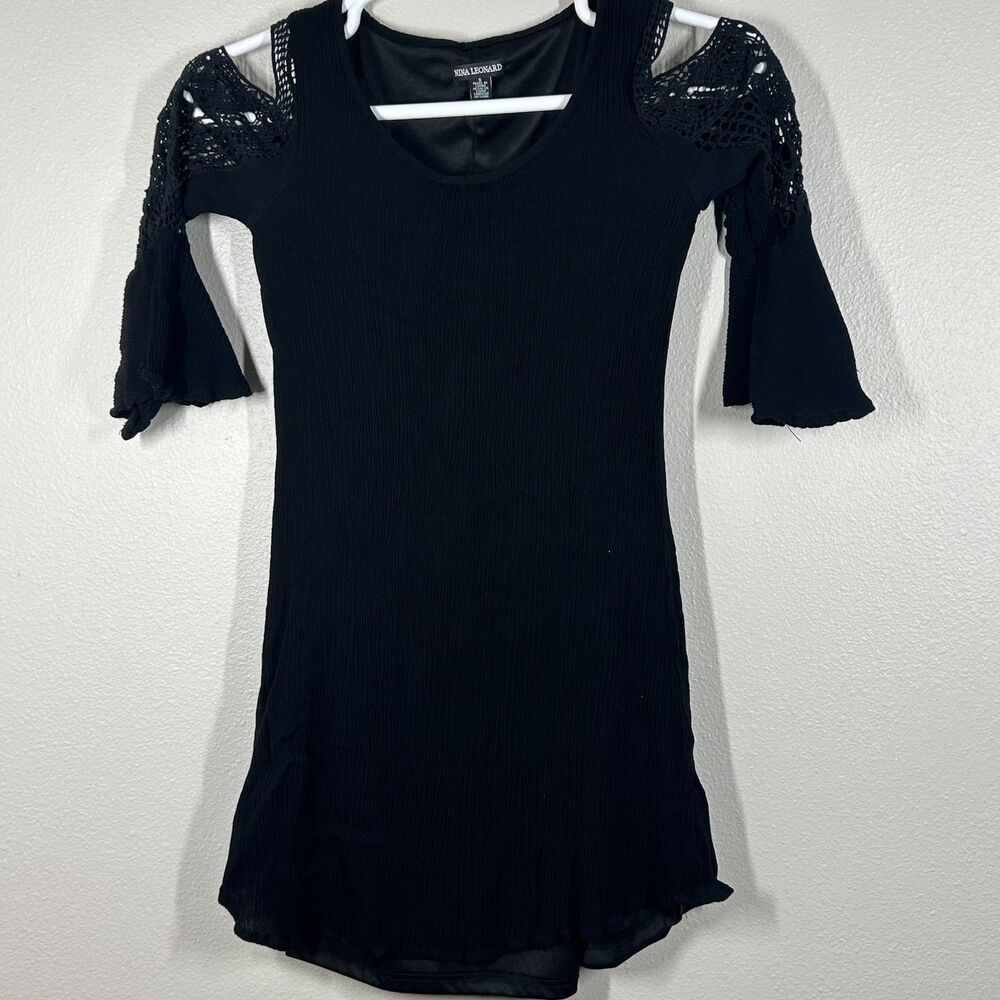 Nina Leonard Dress Womens S Black Cold Shoulder Crochet Bell Sleeve Rayon Lined